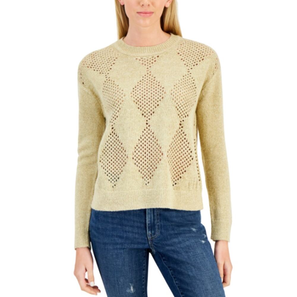 NWT Tommy Hilfiger Tan Gold Metallic Open Stitch Argyle Knit Preppy Sweater S